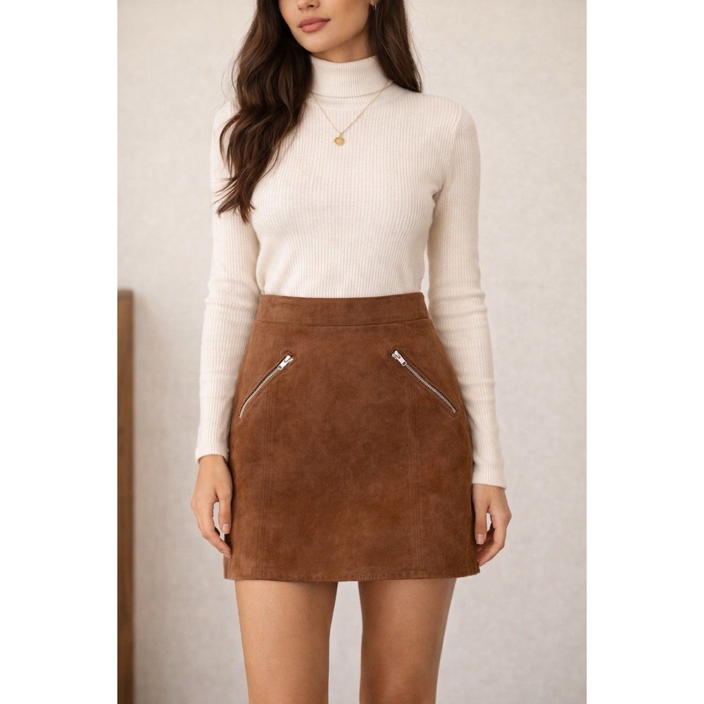 BLANKNYC‎ Womens Size 31 Brown Suede Leather Zip Back Mini Skirt  Zipper Pockets